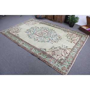 Tapis vintage 5,9 x 9,1 pieds, tapis turc, tapis en laine vert à motifs floraux - Product Image 4