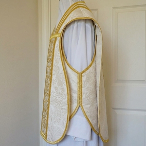 <b>White</b> <b>Silk</b> Roman Chasuble Gold Damask Brocade Hand Embroidery Catholic Priest Vestment Liturgical Clergy Mass <b>Robe</b> Set - Product Image 2