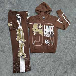 Ensemble de survêtement Y2K Streetwear délavé à l'acide avec broderie et appliques, sweat à capuche et pantalon évasé en molleton épais French Terry - Product Image 4