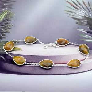 925 <b>Sterling</b> <b>Silver</b> 9\" Inch Natural Tiger's Eye Gemstone Pear Faceted Handmade Minimalist Design Fashion <b>Beaded</b> <b>Bracelet</b> - Product Image 2