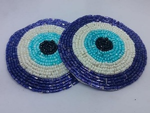 Jaunty Tri-Color Glass Beads & Fabric Round Hand Embroidered Premium Quality <b>Beaded</b> <b>Coaster</b> Set - Product Image 4