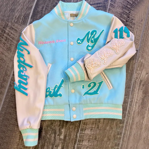Custom <b>Men's</b> Varsity Jacket Baby Blue Streetwear Bomber Style Embroidered Letterman <b>Coat</b> <b>White</b> Sleeves Stand Sheep Skin - Product Image 1