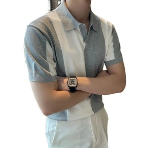 Top moda clásica Color sólido hombre básico cuello en V Top verano hielo seda manga corta Polo Casual rayas Color bloqueo - Product Image 4