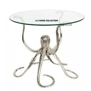 bedroom Hot Selling Round silver finished octopus design clear glass top decorative coffee Table