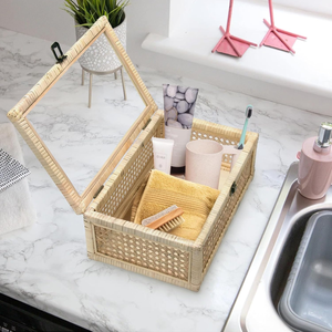 Venta al por mayor Juego rústico de 3 cajas decorativas de ratán con tapas de vidrio Cajas de almacenamiento natural Venta caliente de Vietnam - Product Image 3