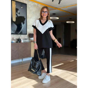 Ensemble chemisier et pantalon en viscose bicolore à manches courtes et col en V pour femme, 35978 - Noir - Product Image 5