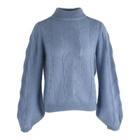 Prix d'usine, pull en laine tricoté pour femmes, couleur bleue, taille oversize, 5GG, pull chaud avec manches bouffantes