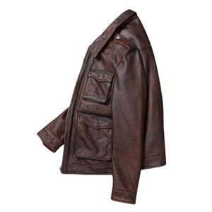 Chaqueta Bomber Clásica de Cuero Marrón Oscuro, Estilo Nuevo, Cuero Vacuno, Invierno, Impermeable, Transpirable, Cuello Camisero, Estilo Militar - Product Image 4