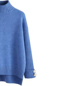 Ensemble pull en tricot bleu personnalisé et pantalon large pour femme, pull à col montant, vêtements de détente confortables pour l'hiver, fabricant personnalisé OEM - Product Image 2