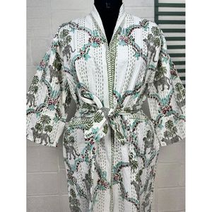Kimono long en coton Kantha Reine pour femme, veste décontractée d'été, vert pastel, tissu tissé doux Affe Tier - Product Image 2