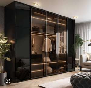 Luxury Black Glass Door <b>Wardrobe</b> With LED Lighting Multiple Sections And Premium Storage Design For Modern Homes - Product Image 1