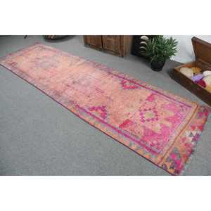 Vintage 2.9x10.8 ft Wool Turkish <b>Runner</b> <b>Rug</b> Pink Ikat Patchwork Design Eco-Friendly Latex Backing - Product Image 4