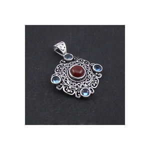 Bijoux en argent sterling 925 de créateur, pendentif en pierres précieuses fait main en cornaline rouge et topaze bleue, en vente au meilleur prix, ODM OEM - Product Image 3