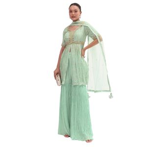 Set blu menta Georgette Kurta Sharara con paillettes ricamate e Dupatta per festa di matrimonio matrimonio abbigliamento festivo - Product Image 1