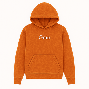 Ensemble de survêtement streetwear d'hiver orange délavé à l'acide et usé avec logo Gain, comprenant un sweat à capuche et un pantalon de jogging - Product Image 3