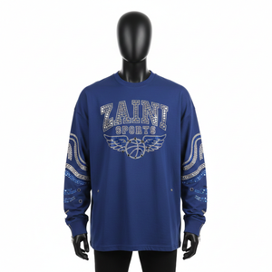 T-shirt à manches longues en coton et polyester de qualité supérieure, toucher doux, couleur bleue, strass thermocollés, logo personnalisé, t-shirt pour homme - Product Image 1