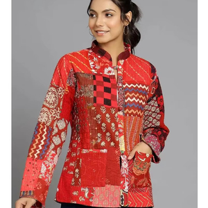 Indian Short Stand Collar Tejido Algodón Patchwork Hecho a mano Acolchado Reversible Kantha Chaqueta - Product Image 1