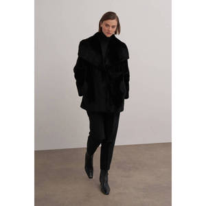 Abrigo de Piel de Chinchilla con Cuello Mao - Abrigo Largo de Cuero Genuino Negro Talla Grande - Product Image 3