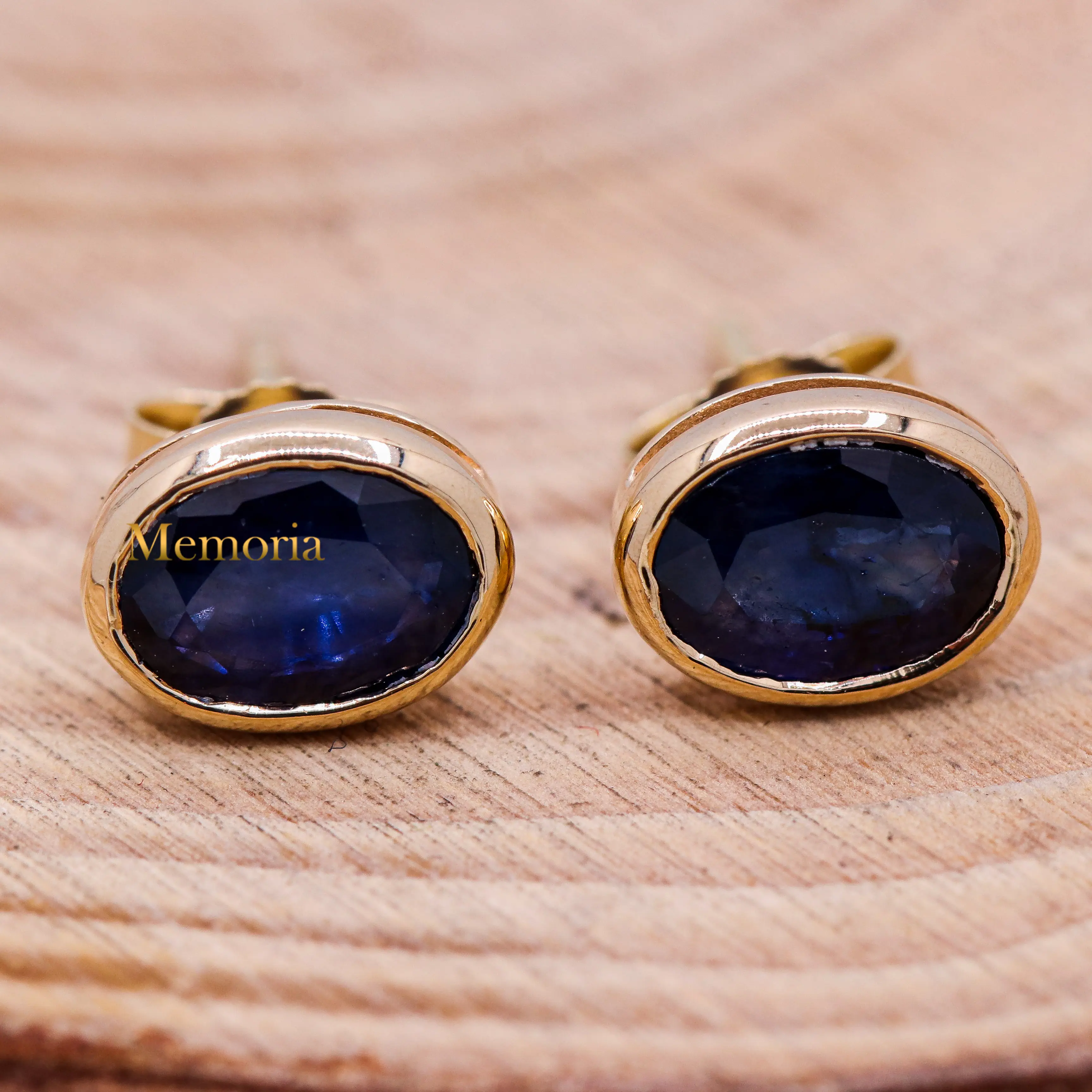 Anting-anting mewah untuk pria wanita, perhiasan giwang batu permata bentuk Oval safir biru alami kuning 14k