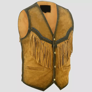 Gilet en daim pour hommes, classique, en cuir de vache, à franges et perles, fait à la main, Style Western, Style Cowboy américain - Product Image 4