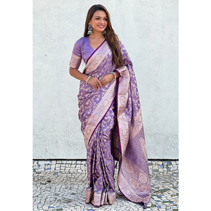 Lavande Banarasi Jaal Satin Soie Saree Orné De Délicat Tissage Zari Rose Parfait Pour Les Mariages Occasions Festives - Product Image 1