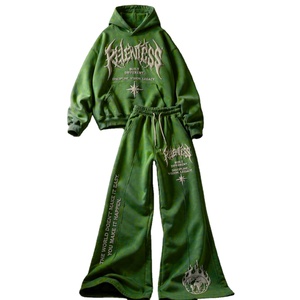 Ensemble de survêtement deux pièces personnalisé en coton respirant avec pantalon évasé, imprimé en relief et délavé à l'acide - Product Image 3