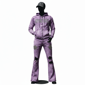 ชุดวอร์มผู้ชายแบบ 2 ชิ้น พิมพ์ลายกราฟิกประดับเพชรเทียม ปรับแต่งสีได้ กางเกงวอร์มขาบาน เสื้อฮู้ดซิป และชุดจ็อกเกอร์สำหรับผู้ชาย - Product Image 1