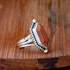 Red Sunstone Triple Band <b>Ring</b> 925 Sterling Silver Beaded Hexagon Filigree <b>Statement</b> Goldstone Christian Religious Gift for Women - Product Image 4