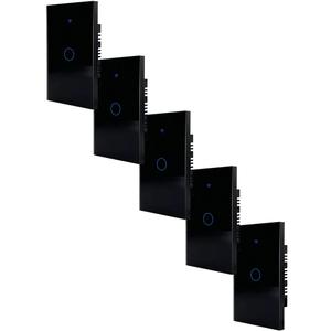 WiFi <b>Wireless</b> <b>Light</b> <b>Switch</b>, MXTUA-005, 5 Pieces, 5x1 Way, 2.4GHz, 100-250V AC, 50-60Hz, 300W x Way, 10A, Black. - Product Image 1