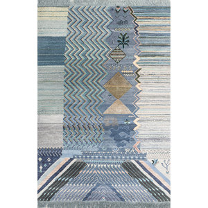 Alfombra Manchaha Lub-127 Azul, Tejida a Mano con Lana y Seda, Diseño Geométrico Abstracto para Hogar, Habitación de Adolescentes, Pasillo, Decoración Personalizada - Product Image 1