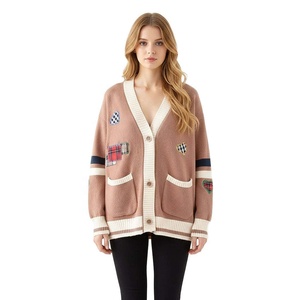 Women's Knitted Cardigan V-neck Single Button Applique Patchwork Vintage Style Full Sleeve Winter Wear Nylon/Acrylic - Product Image 1