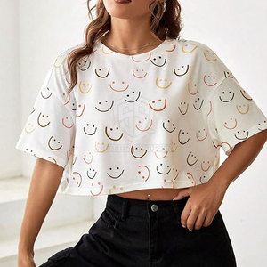 Camisetas cortas de algodón de verano personalizadas para mujer, talla suelta, Color sólido, liso, estilo informal, tela de lona comprimida - Product Image 3