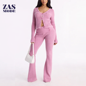 Ensemble deux pièces en tricot pour femme, automne 2026, avec logo personnalisé, haut court à manches longues, pull boutonné, survêtement, ensembles de pulls pour femme - Product Image 1