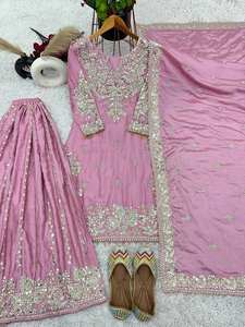 Traje Sharara pakistaní con estilo islámico para mujeres musulmanas con Kameez corto cosido y Dupatta bordada para Eid Wear - Product Image 3