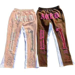 Prix usine personnalisé jambe large évasée sweat hommes pantalons lavé strass cordon taille ourlet brut pantalons de survêtement - Product Image 1