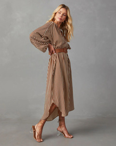 Abito midi da donna <span class=keywords><strong>a</strong></span> righe, vestibilità ampia, scollo <span class=keywords><strong>a</strong></span> V, maniche <span class=keywords><strong>a</strong></span> <span class=keywords><strong>palloncino</strong></span>, spacco laterale, casual ed elegante - Product Image 3