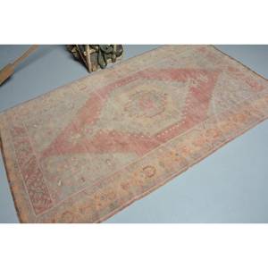 Vintage 4.5 X 7.7 ft Turkish Rug Classic Large Area Rectangle Hallway Pattern <b>Pink</b> Beige <b>Wool</b> Seagrass Backing Model Room Rug - Product Image 2