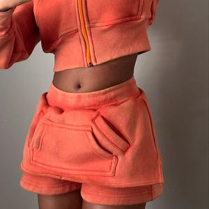 Female Zipper Blank Distressed Acid Wash Sweatsuits <b>Skirts</b> Jogger Woman Tracksuits <b>Cropped</b> Hoodie <b>and</b> Short Set 2 piece set - Product Image 5