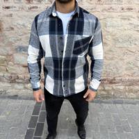 Erkekler Smart Casual Overshirt saten uzun kollu çift göğüslü düğme ekose Shacket gömlek Streetwear giyim moda üst cepler