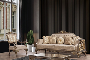 Fauteuil d'appoint sculpté de luxe avec finition en feuille d'or et tissu baroque - Product Image 6