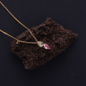 IGI Certified Lab Grown Fancy Yellow & <b>Pink</b> Pear Shape Diamond Pendant in 9K Yellow / White & Rose Gold Two Stone Drop Pendant - Product Image 4