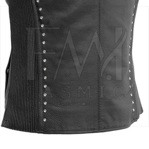 Chaleco de motocicleta de cuero de vaca genuino para mujer de alta moda diseño personalizado Reversible estilo informal Botón de lona tejida - Product Image 6