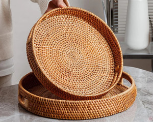 La bandeja de servicio de ratán redonda más barata, bandejas otomanas tejidas decorativas con asas para mesa de centro, vida ecológica Natural - Product Image 4