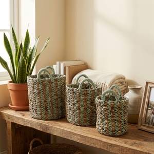 Natural Banana Bark Recycled <b>Plastic</b> Storage <b>Basket</b> Set Green Stripe Arch Handle Pot Planter Organizer Setup Decor Pure Art - Product Image 6
