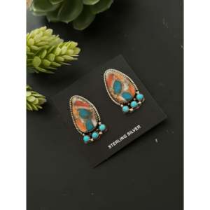 Boucles d'oreilles pendantes Navajo faites à la main en argent sterling avec pierres multiples et turquoise, avec grappe de pendentifs sur tige - Product Image 2