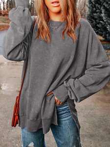 Gris surdimensionné fente ourlet sweat femmes coton lourd polaire col rond pull palangre goutte épaule Logo personnalisé Streetwear - Product Image 3