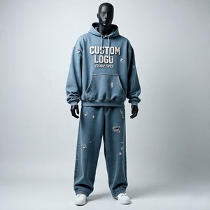 Chándal personalizado de fabricante, ropa de calle con diamantes de imitación, chándal de gran tamaño, holgado, recortado, lavado ácido, pantalones de chándal acampanados y conjunto de Sudadera con capucha - Product Image 1