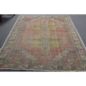 Alfombra turca Vintage de 4,6x8,3 pies, diseño clásico de retazos rectangulares de área grande, látex de lana rosa amarilla para pasillo de dormitorio - Product Image 5