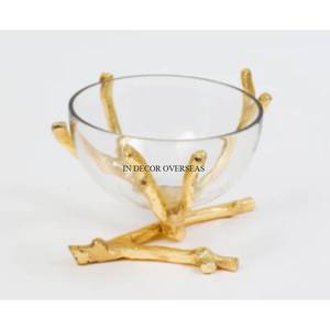 ชามทองเหลืองโบราณทรงกลมสำหรับตกแต่งและเสิร์ฟพร้อมฐานดีไซน์ดีไซน์รูปใบไม้ชุบทอง - Product Image 6