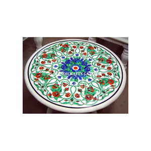 Fabricant et exportateur dessus de table en marbre blanc incrustation de lapis design de fleurs travail fait à la main poli à des fins décoratives - Product Image 1